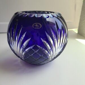 Vintage‎ AJKA Cobalt Blue Cut-to-Clear Round Crystal Vase Made in Hungary